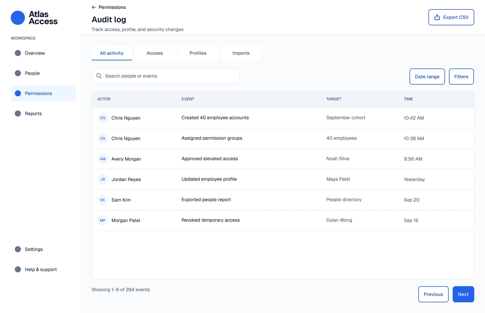 Atlas audit log recording account creation and access decisions