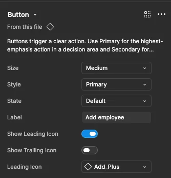 Editable Figma button label, icon, size, intent, and state properties