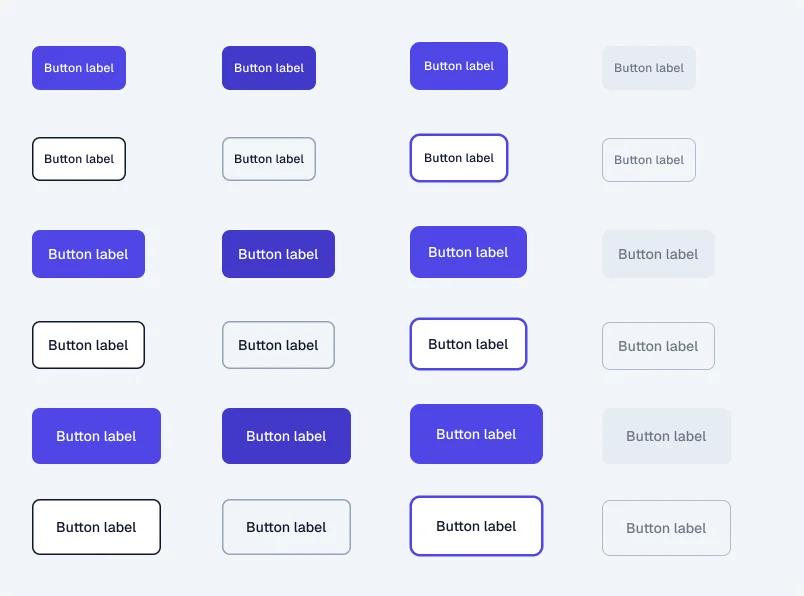 Atlas buttons showing primary, secondary, focus, hover, and disabled states
