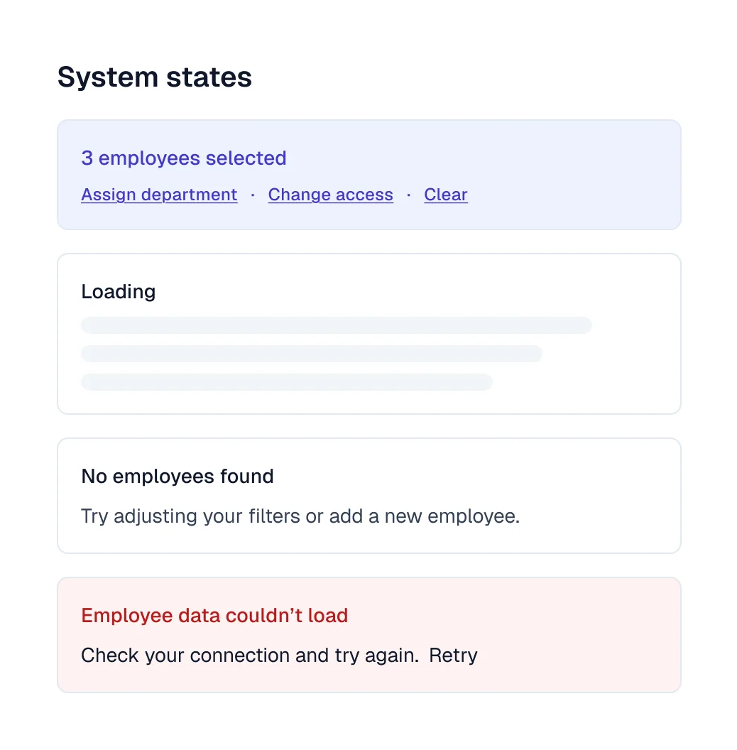 Table loading, empty, error, and bulk selection states
