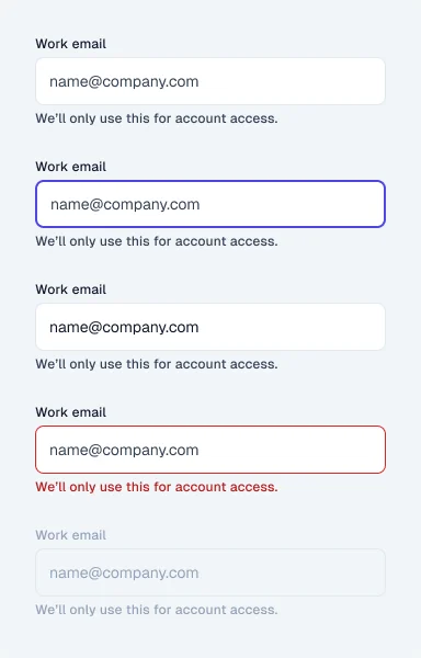 Text fields with persistent labels, helper text, focus, error, and disabled states