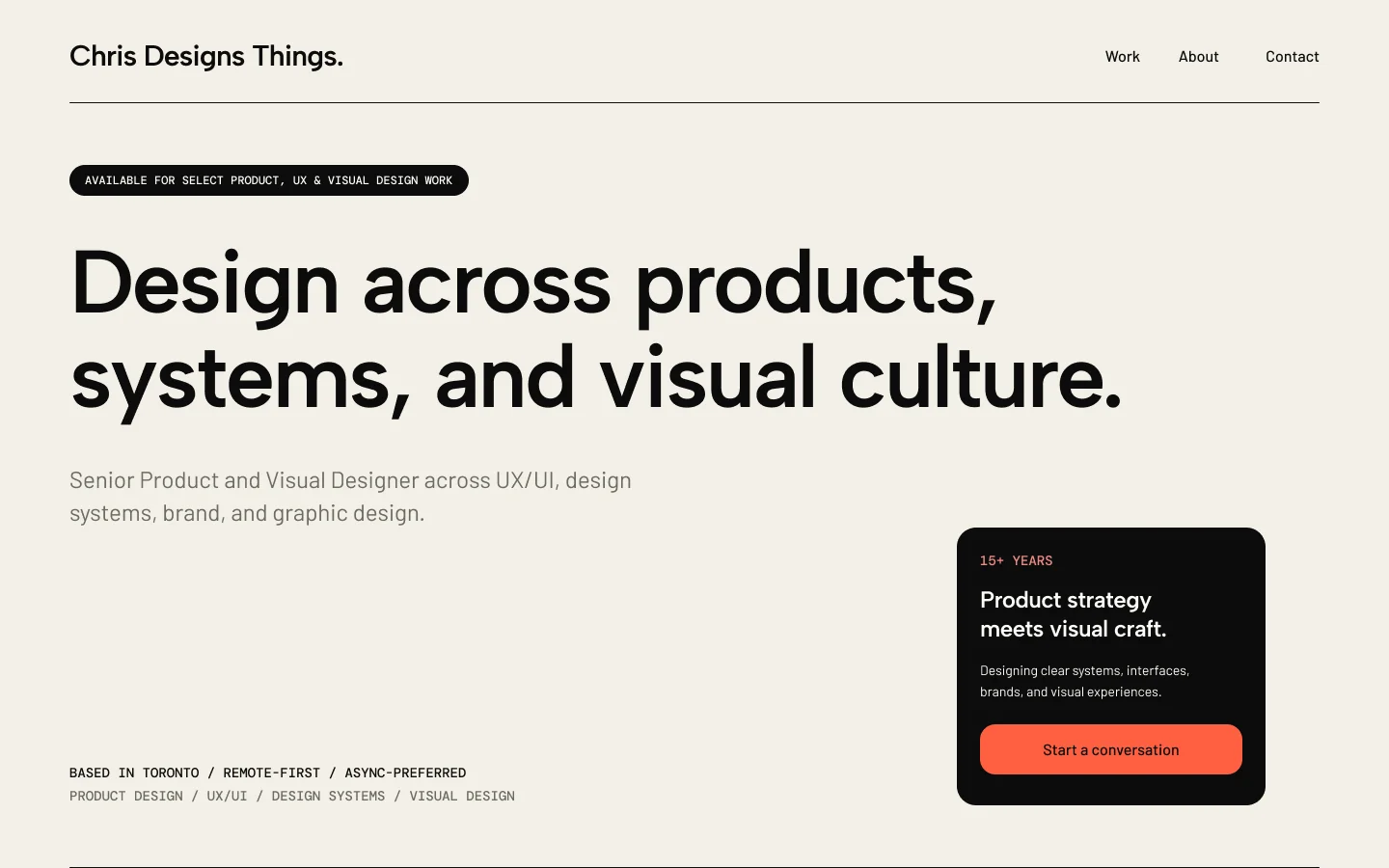 Chris Designs Things portfolio homepage on desktop