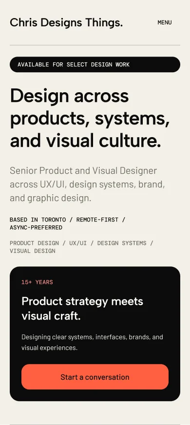Chris Designs Things homepage with the mobile content reading order